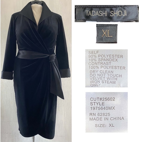 SOLD $$$ TADASHI SHOJI XL Black Velvet Faux Wrap Dress Satin Cuffs + Tie MINT - Picture 1 of 11
